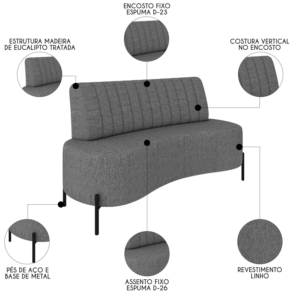 Sofá 2 Lugares 160cm Pés Aço Preto Tamar Z08 Linho Grafite - Mpozenato