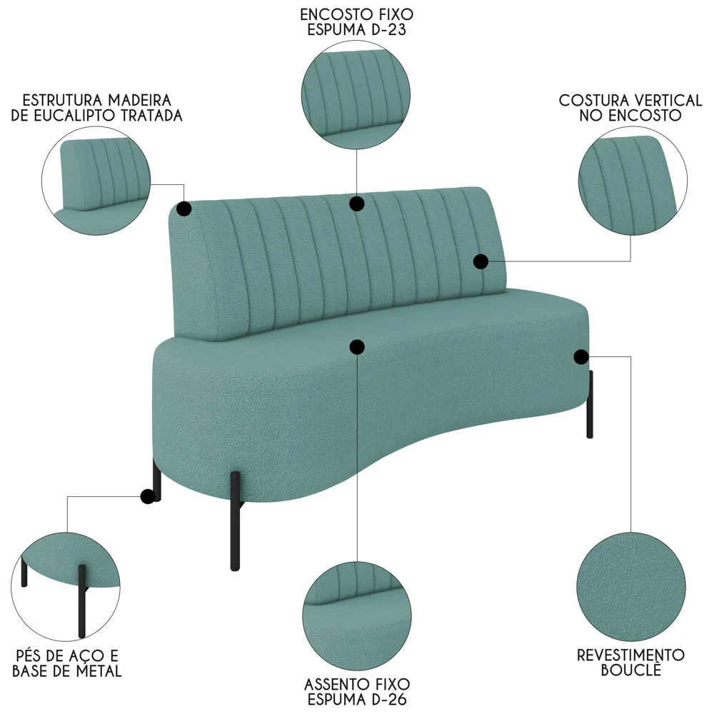 Sofá 2 Lugares 135cm Pés Aço Preto Tamar Z08 Boucle Azul - Mpozenato