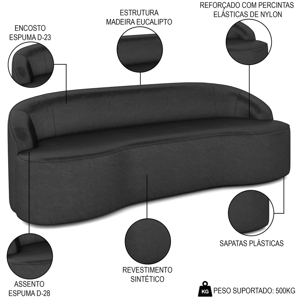 Sofá 5 Lugares para Sala de Estar Living 300cm Theo D06 Sintético Preto - Mpozenato 