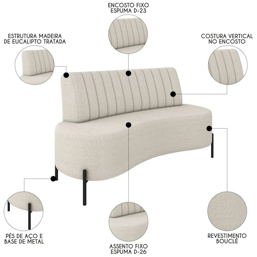 Sofá 2 Lugares 160cm Pés Aço Preto Tamar Z08 Boucle Areia - Mpozenato