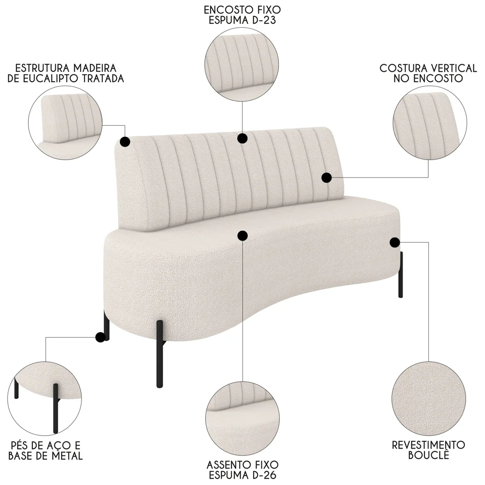 Sofá 2 Lugares 160cm Pés Aço Preto Tamar Z08 Boucle Bege - Mpozenato