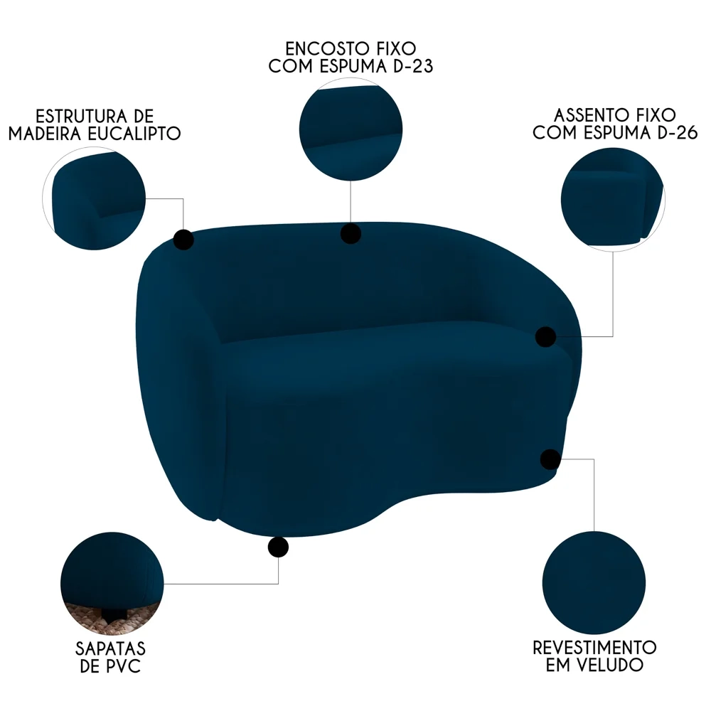 Sofá 2 Lugares Living Orgânico Sala de Estar 160cm Garbin Z08 Veludo Azul Marinho - Mpozenato