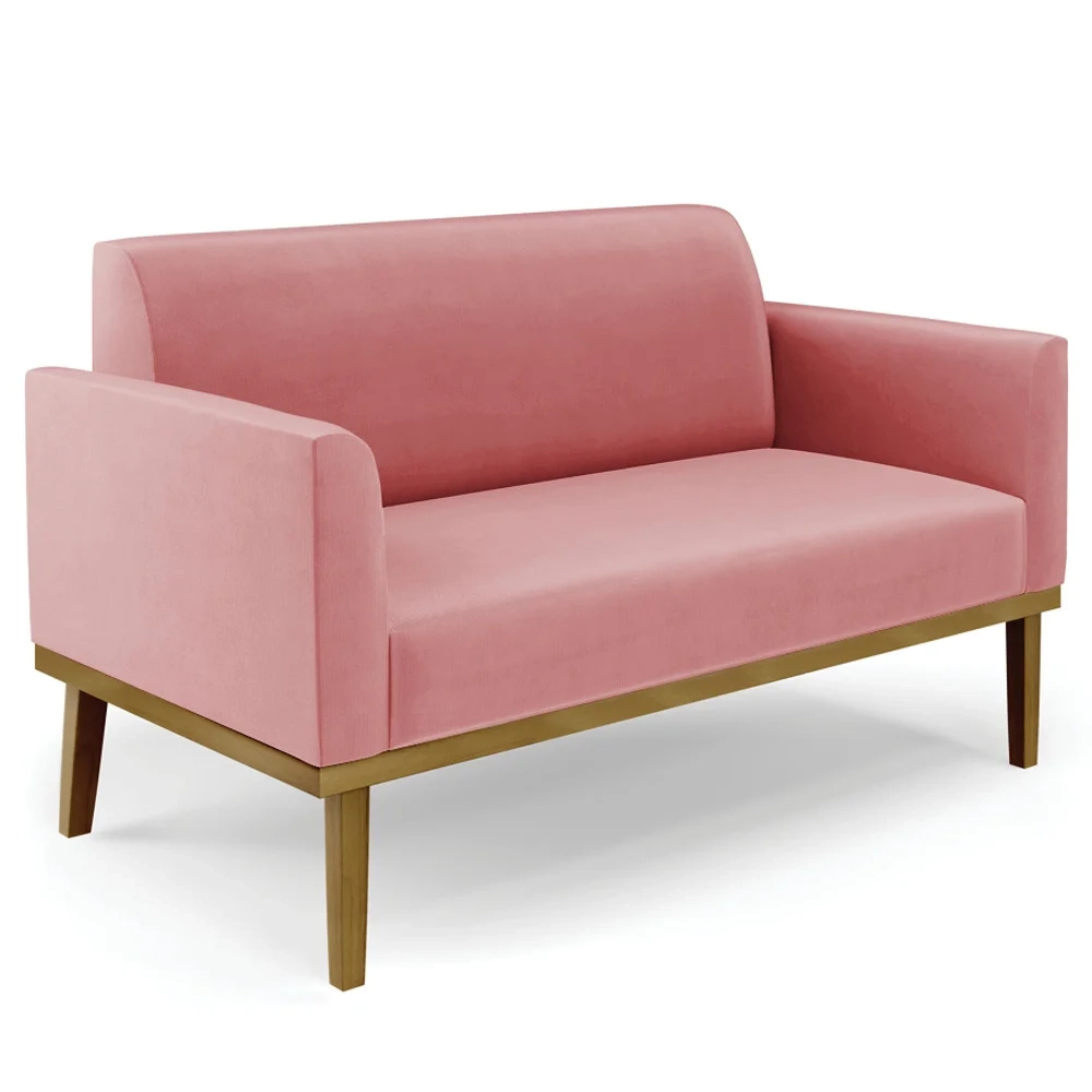 Sofá Namoradeira e 2 Poltronas Base Madeira Castanho Maressa Suede Rosê - Ibiza