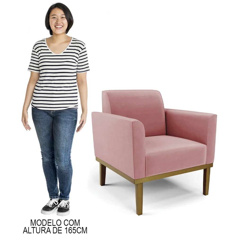 Sofá Namoradeira e 2 Poltronas Base Madeira Castanho Maressa Suede Rosê - Ibiza