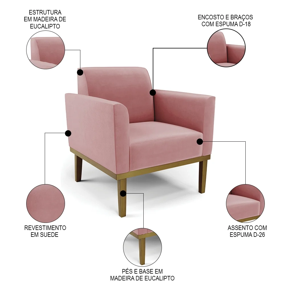 Sofá Namoradeira e 2 Poltronas Base Madeira Castanho Maressa Suede Rosê - Ibiza