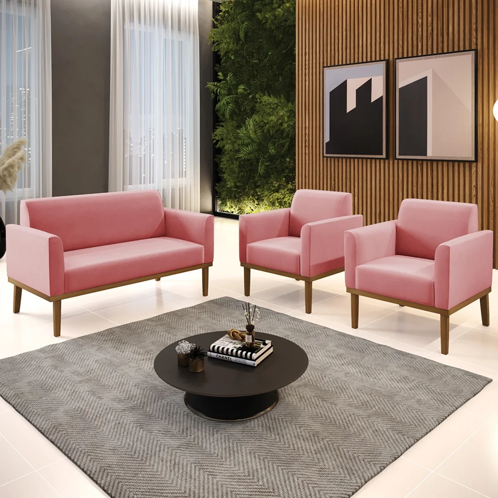 Sofá Namoradeira e 2 Poltronas Base Madeira Castanho Maressa Suede Rosê - Ibiza