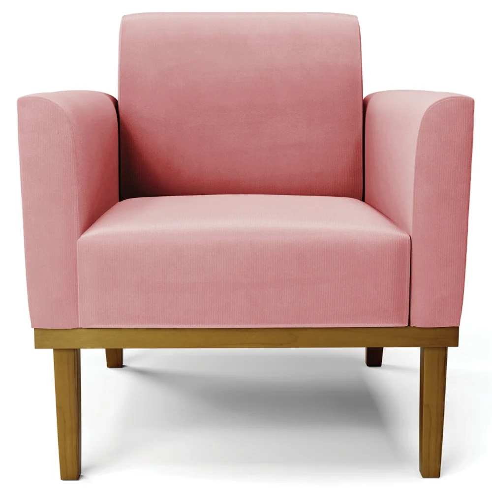 Sofá Namoradeira e 2 Poltronas Base Madeira Castanho Maressa Suede Rosê - Ibiza