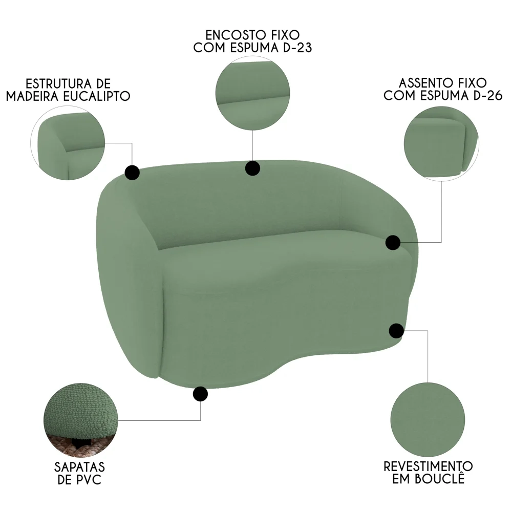 Sofá 3 Lugares Living Orgânico Sala de Estar 180cm Garbin Z08 Boucle Verde - Mpozenato