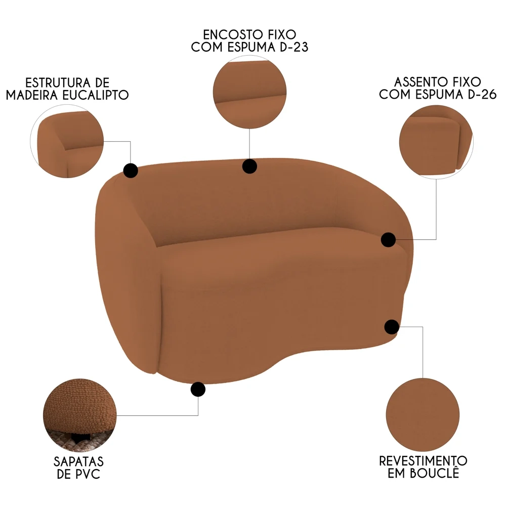 Sofá 3 Lugares Living Orgânico Sala de Estar 180cm Garbin Z08 Boucle Terracota - Mpozenato