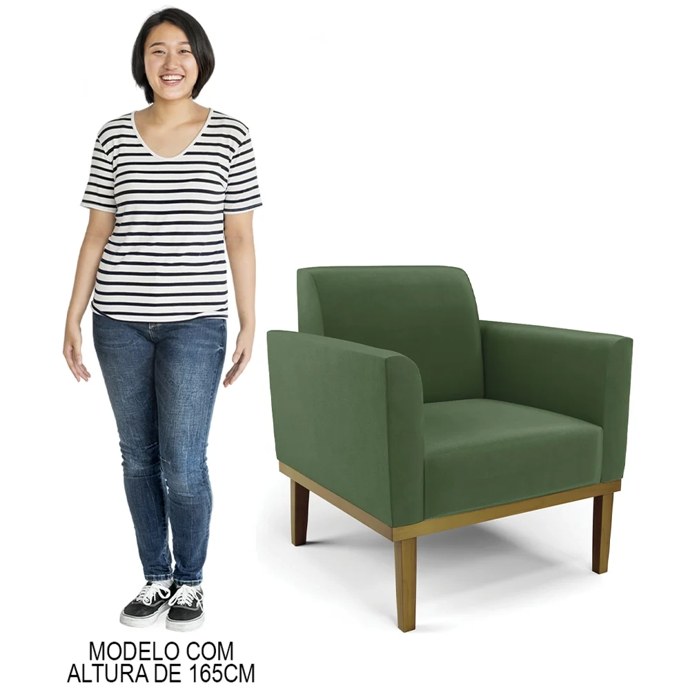 Sofá Namoradeira e 2 Poltronas Base Madeira Castanho Maressa Suede Verde - Ibiza