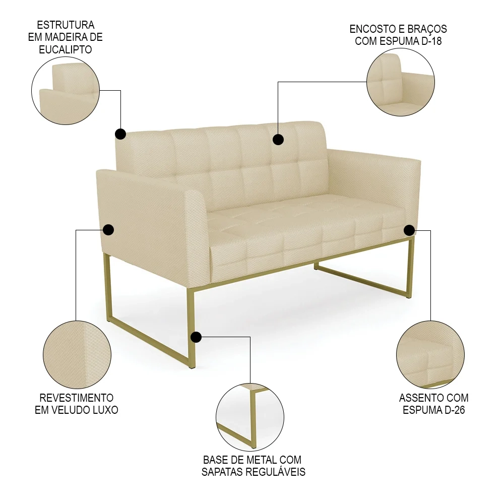 Sofá Namoradeira e 2 Poltronas Base Industrial Dourado Ana Veludo Luxo Off White - Ibiza