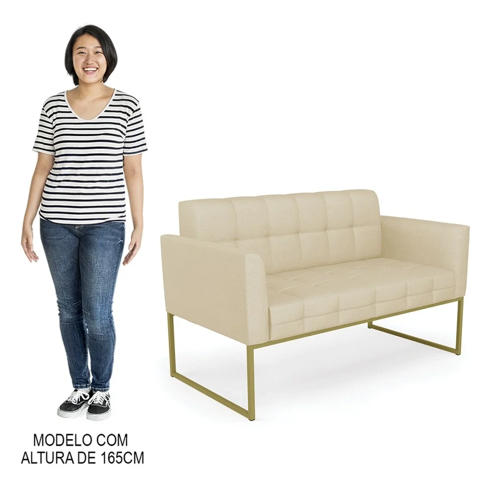 Sofá Namoradeira e 2 Poltronas Base Industrial Dourado Ana Veludo Luxo Off White - Ibiza