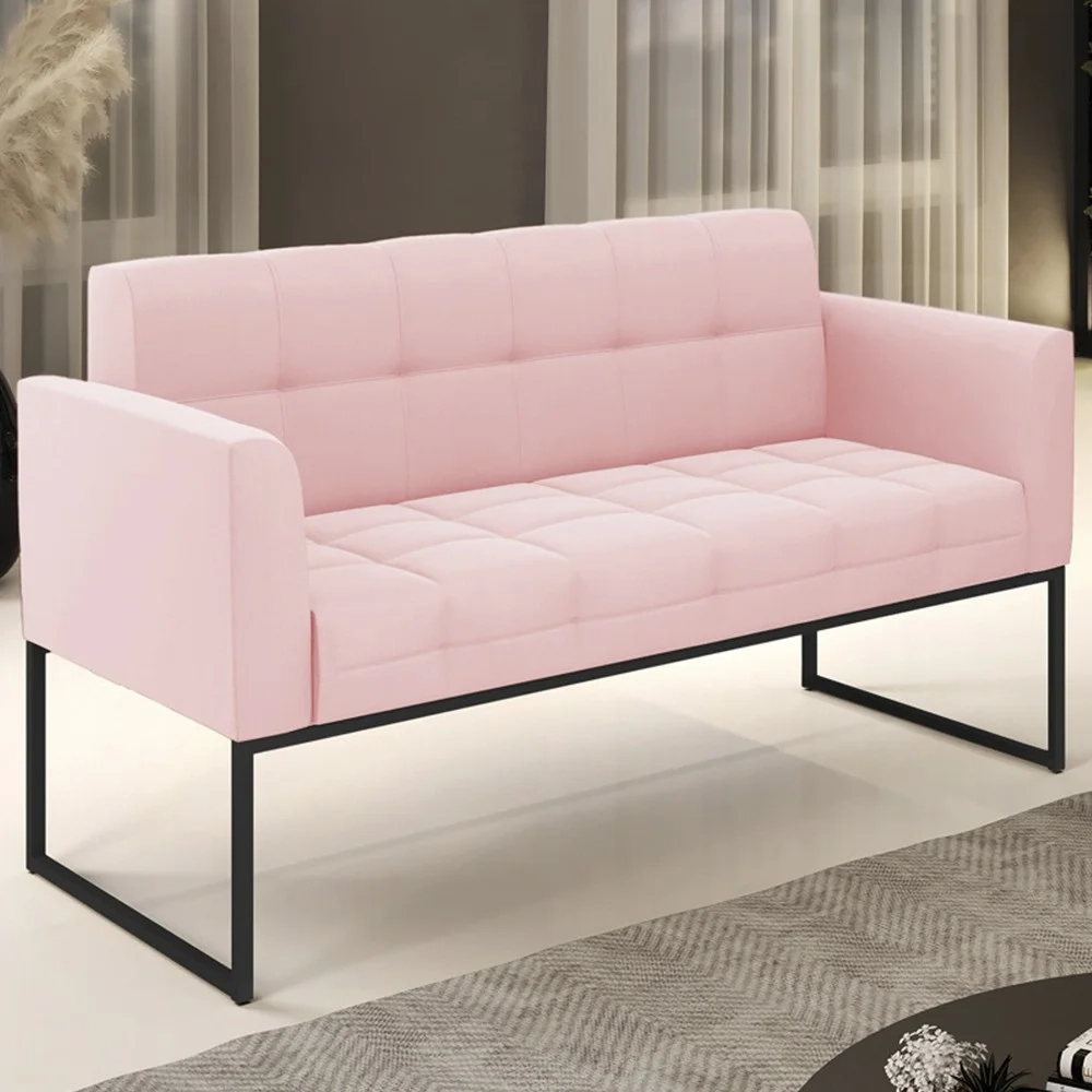 Sofá Namoradeira Base Industrial Preto Ana Suede Rosa Bebê - Ibiza