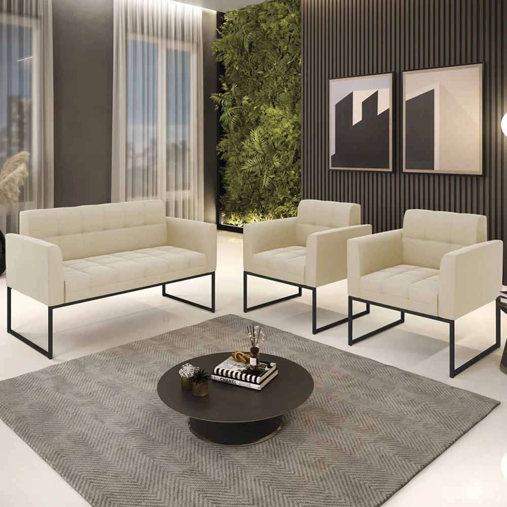 Sofá Namoradeira e 2 Poltronas Base Industrial Preto Ana Suede Bege - Ibiza
