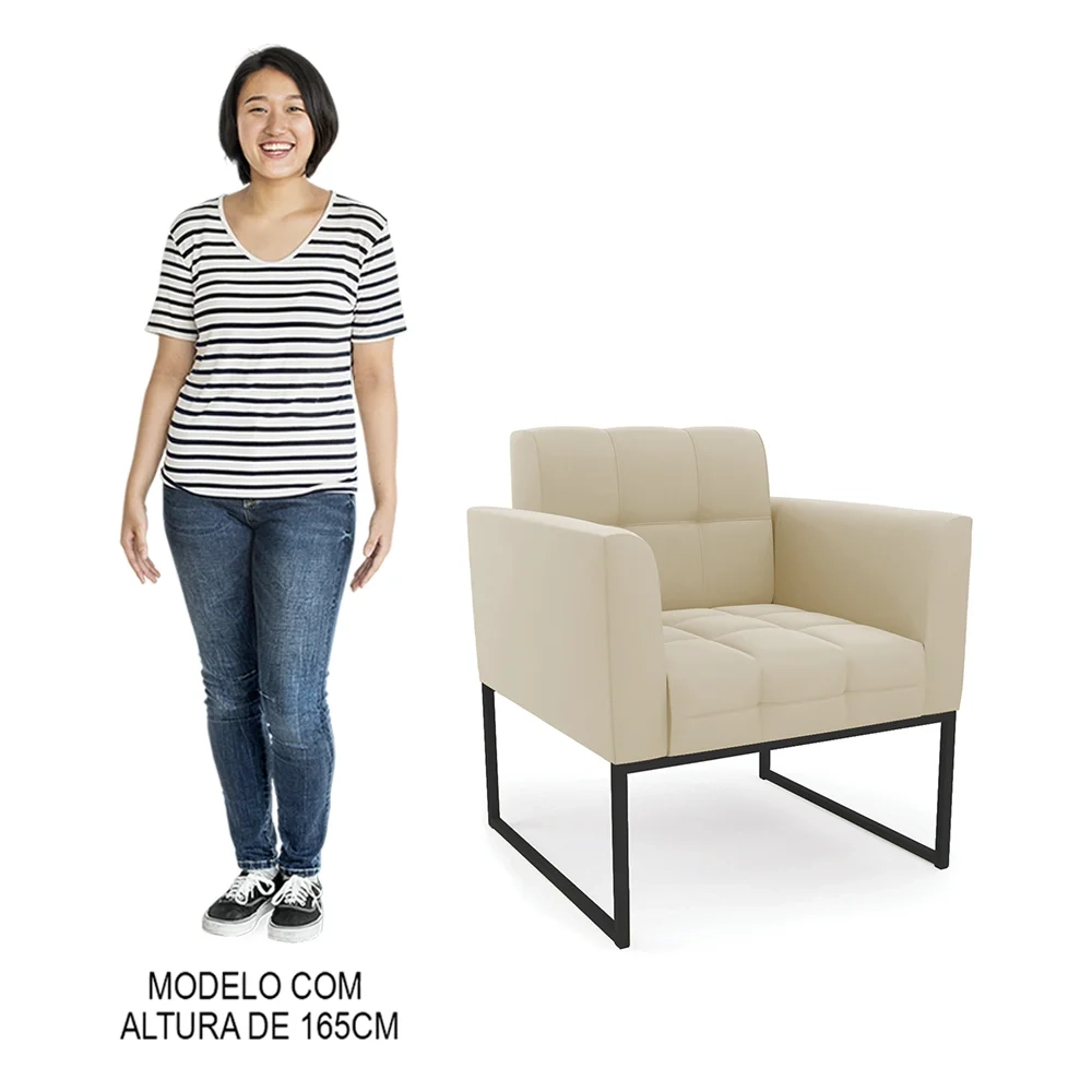 Sofá Namoradeira e 2 Poltronas Base Industrial Preto Ana Suede Bege - Ibiza