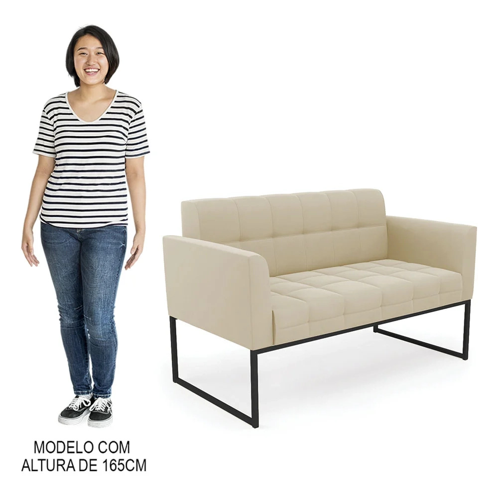 Sofá Namoradeira e 2 Poltronas Base Industrial Preto Ana Suede Bege - Ibiza
