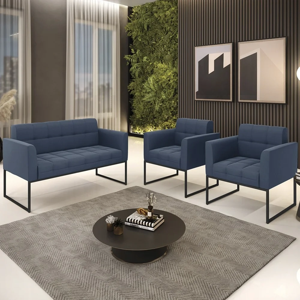 Sofá Namoradeira e 2 Poltronas Base Industrial Preto Ana Suede Azul Marinho - Ibiza