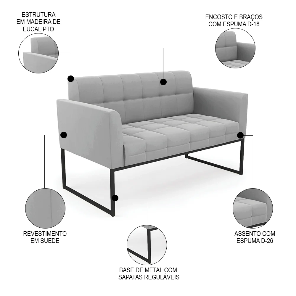 Sofá Namoradeira e 2 Poltronas Base Industrial Preto Ana Suede Cinza - Ibiza