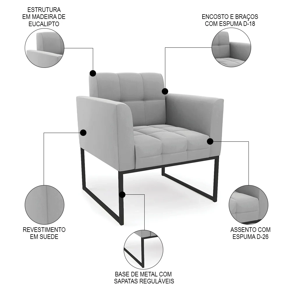 Sofá Namoradeira e 2 Poltronas Base Industrial Preto Ana Suede Cinza - Ibiza