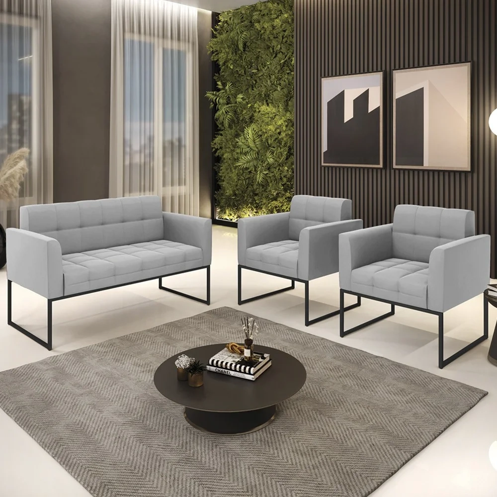 Sofá Namoradeira e 2 Poltronas Base Industrial Preto Ana Suede Cinza - Ibiza