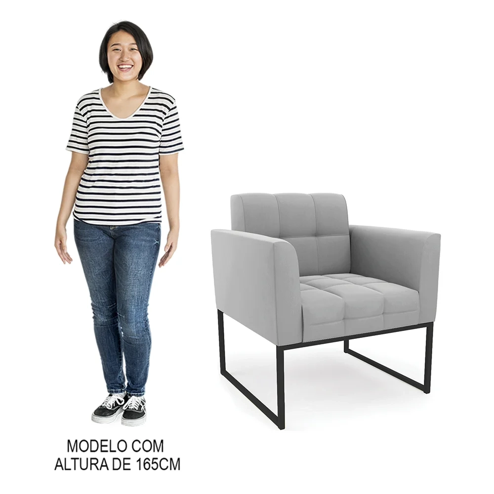 Sofá Namoradeira e 2 Poltronas Base Industrial Preto Ana Suede Cinza - Ibiza