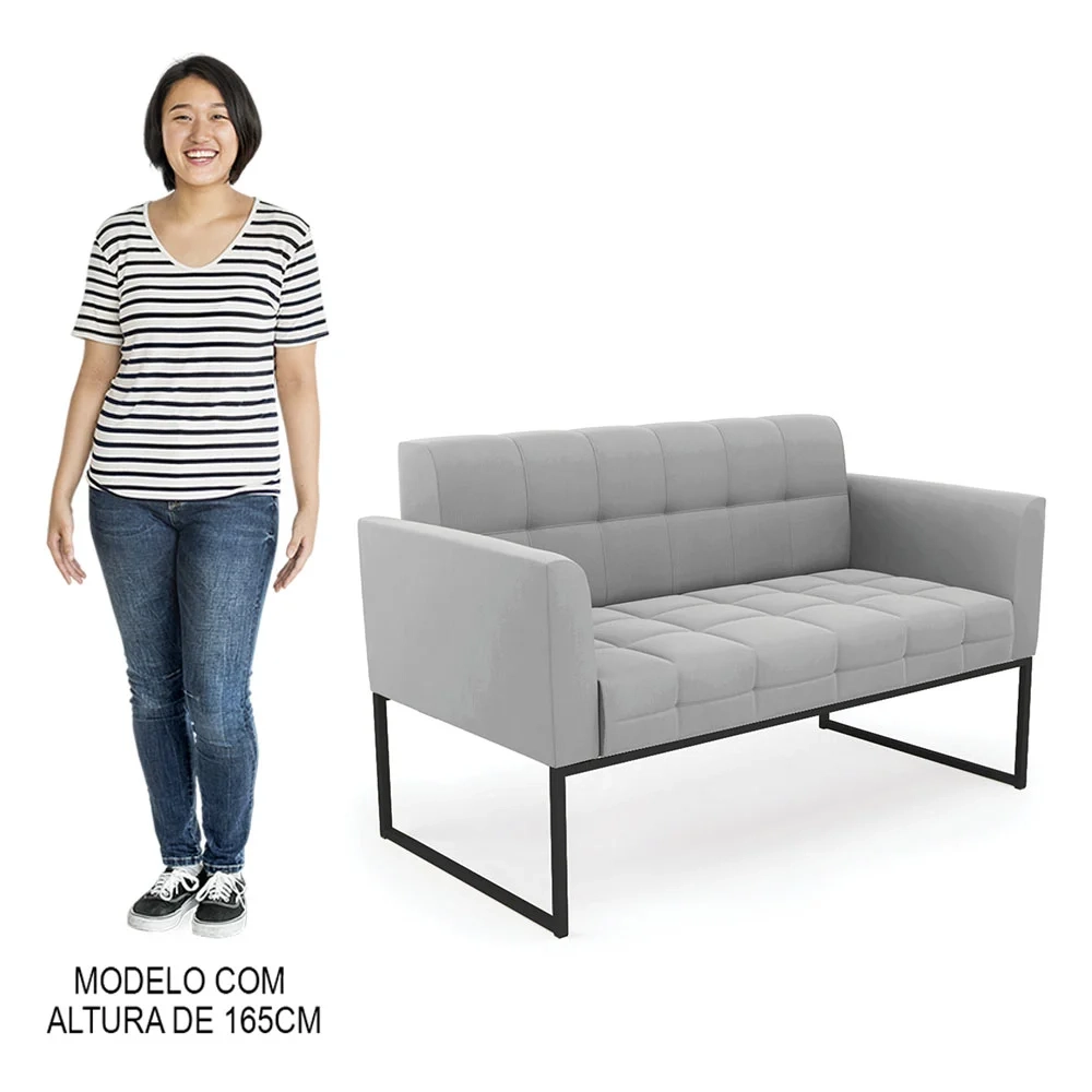 Sofá Namoradeira e 2 Poltronas Base Industrial Preto Ana Suede Cinza - Ibiza