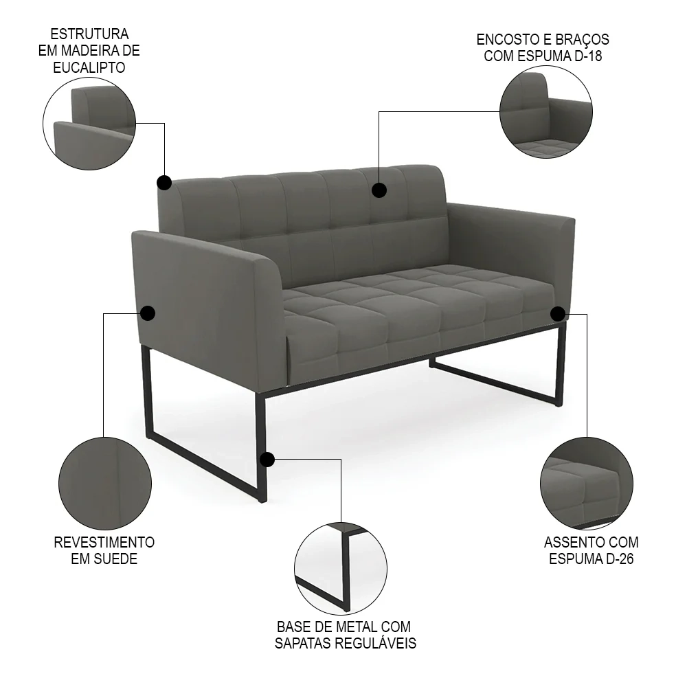 Sofá Namoradeira e 2 Poltronas Base Industrial Preto Ana Suede Grafite - Ibiza