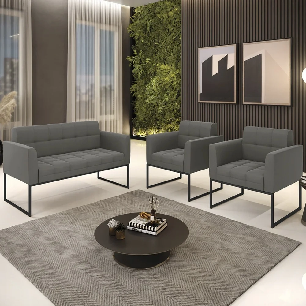 Sofá Namoradeira e 2 Poltronas Base Industrial Preto Ana Suede Grafite - Ibiza