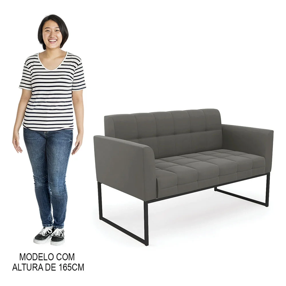 Sofá Namoradeira e 2 Poltronas Base Industrial Preto Ana Suede Grafite - Ibiza