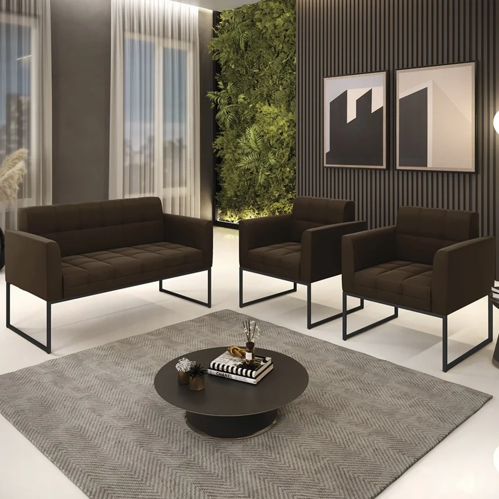 Sofá Namoradeira e 2 Poltronas Base Industrial Preto Ana Suede Marrom - Ibiza