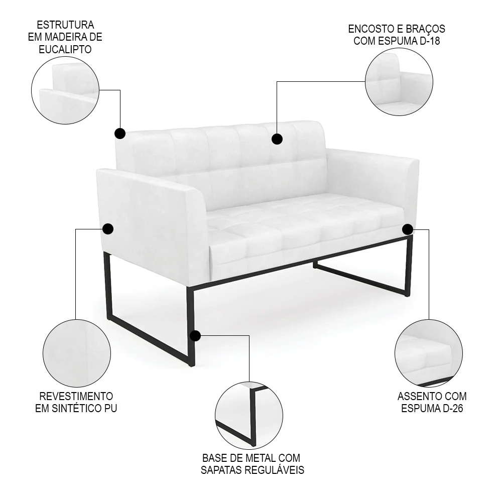 Sofá Namoradeira Base Industrial Preto Ana Sintético PU Branco - Ibiza