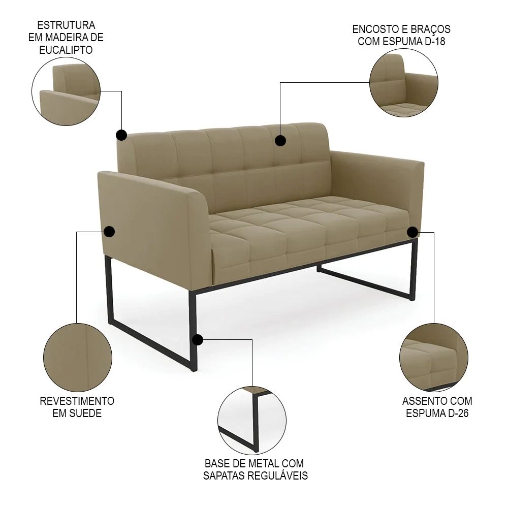 Sofá Namoradeira e 2 Poltronas Base Industrial Preto Ana Suede Marrom RT - Ibiza