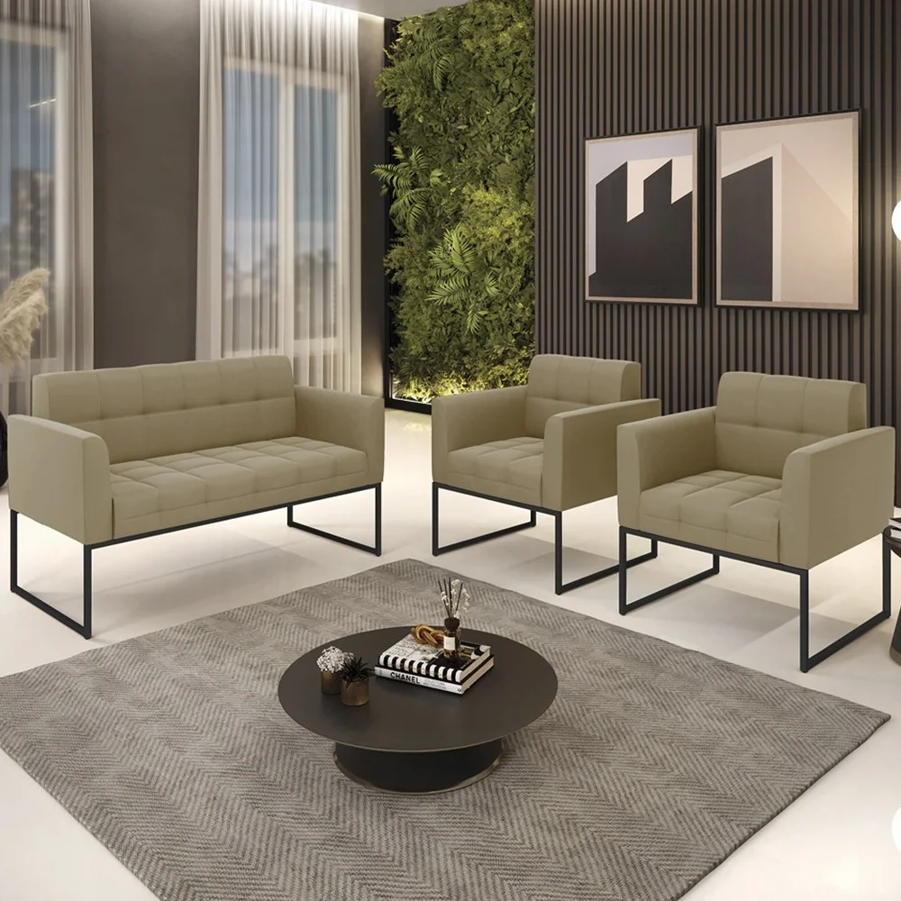 Sofá Namoradeira e 2 Poltronas Base Industrial Preto Ana Suede Marrom RT - Ibiza