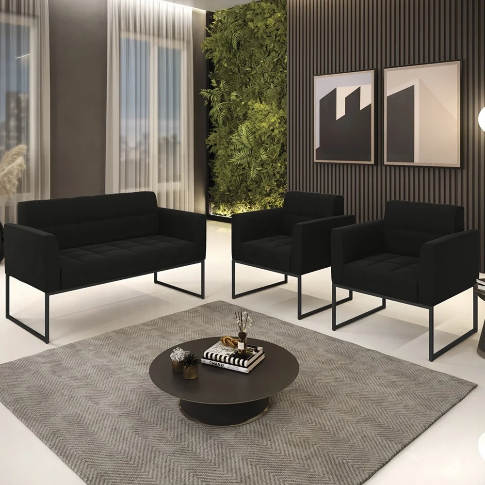 Sofá Namoradeira e 2 Poltronas Base Industrial Preto Ana Suede Preto - Ibiza