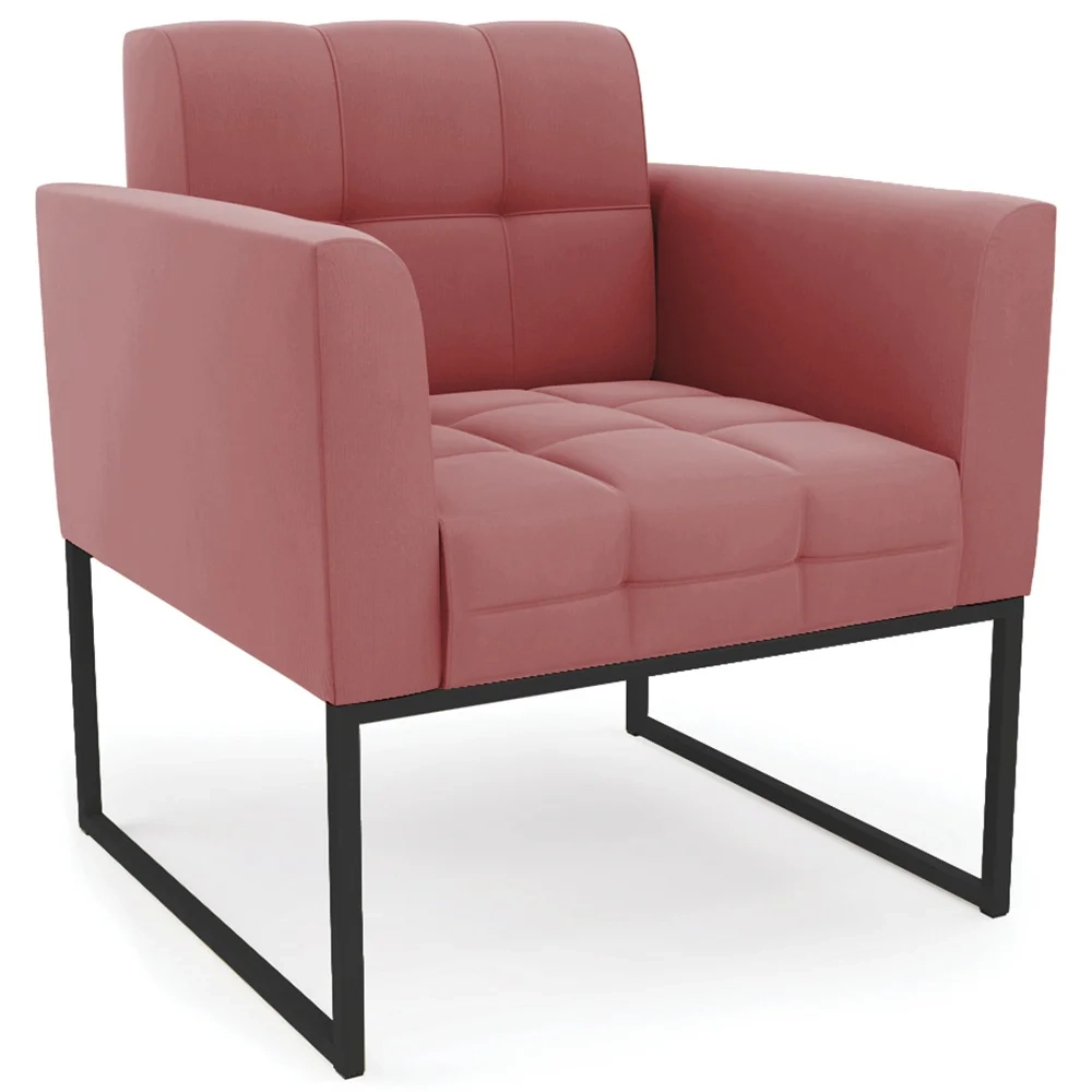 Sofá Namoradeira e 2 Poltronas Base Industrial Preto Ana Suede Rosê - Ibiza