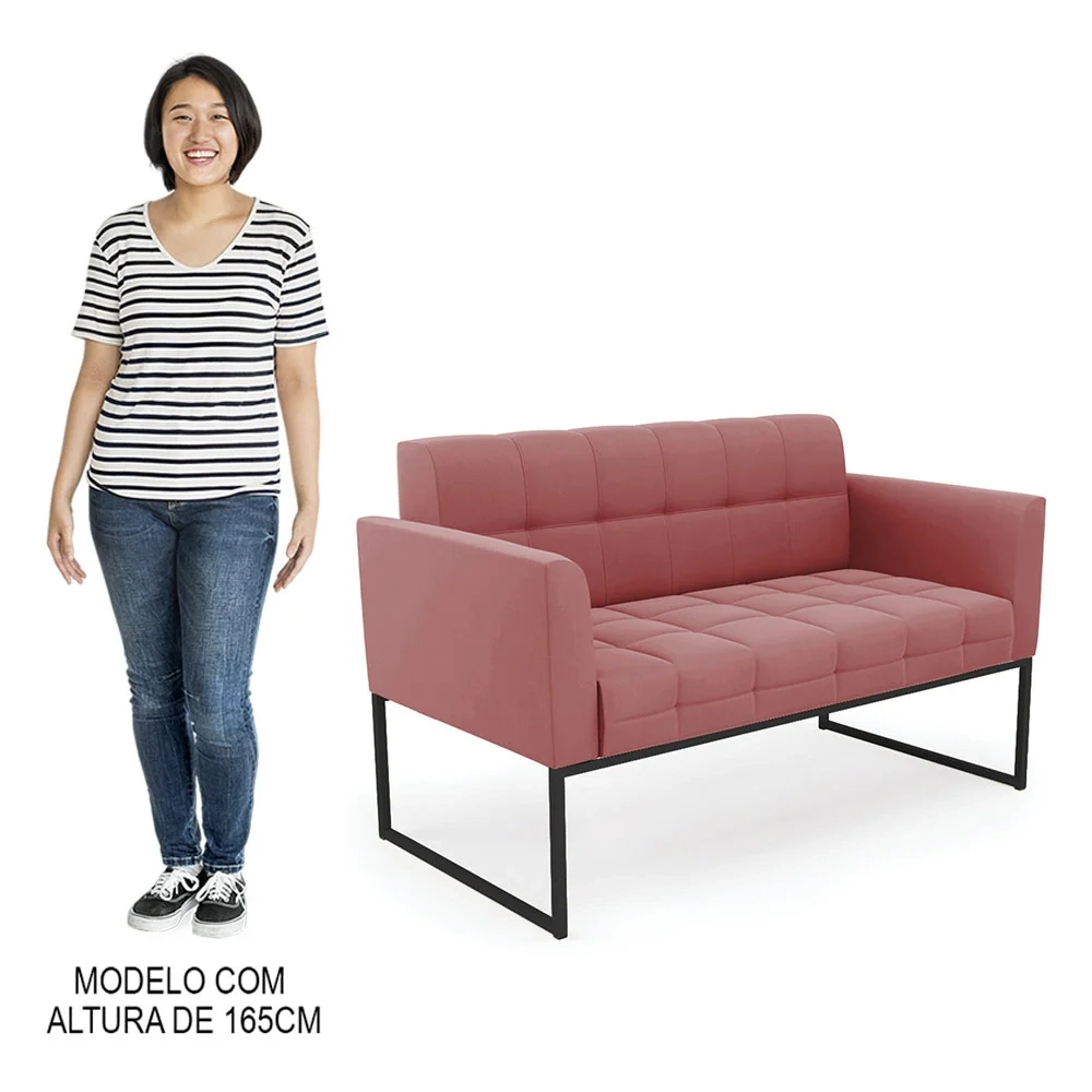 Sofá Namoradeira e 2 Poltronas Base Industrial Preto Ana Suede Rosê - Ibiza