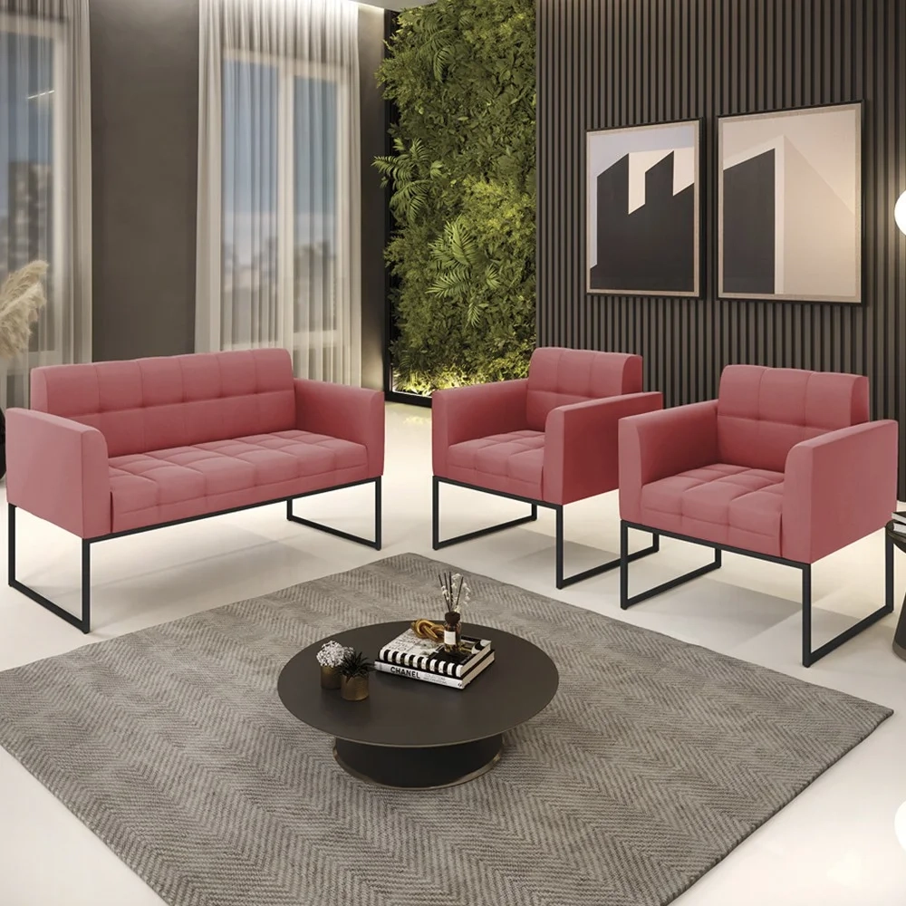 Sofá Namoradeira e 2 Poltronas Base Industrial Preto Ana Suede Rosê - Ibiza