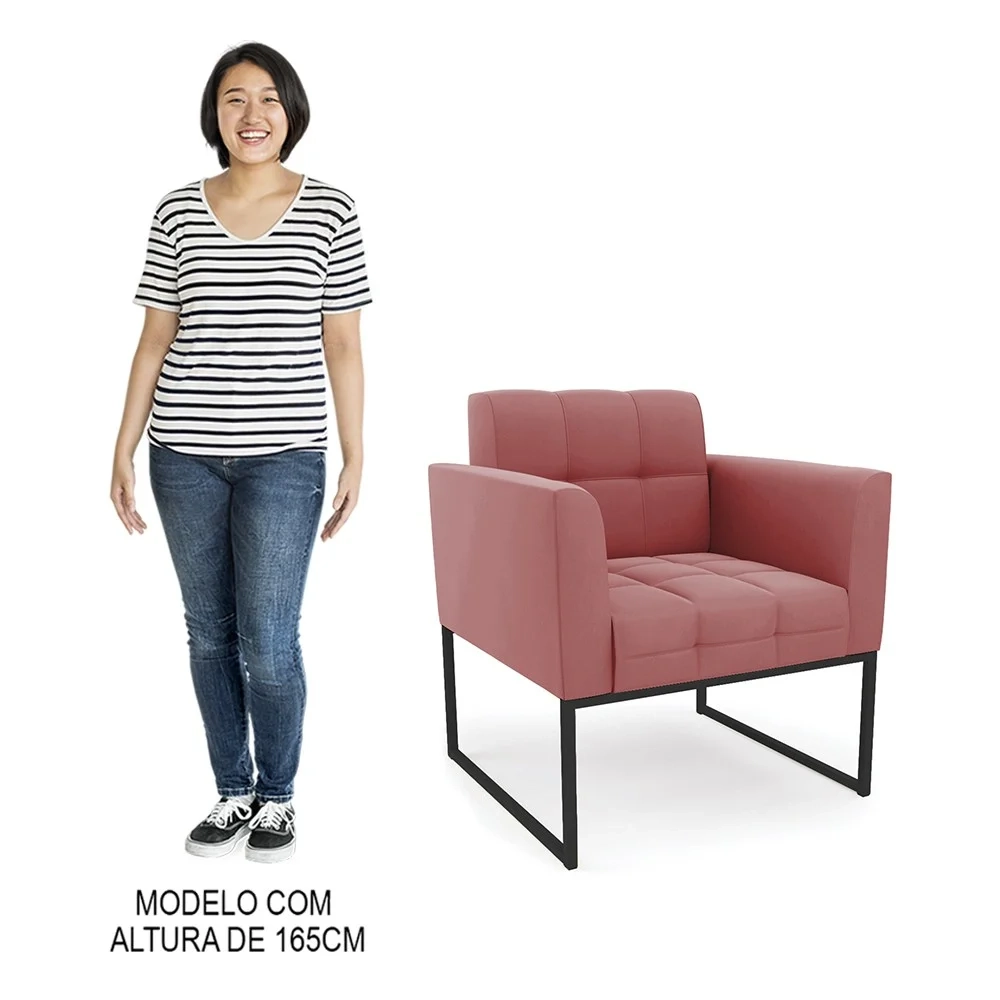 Sofá Namoradeira e 2 Poltronas Base Industrial Preto Ana Suede Rosê - Ibiza