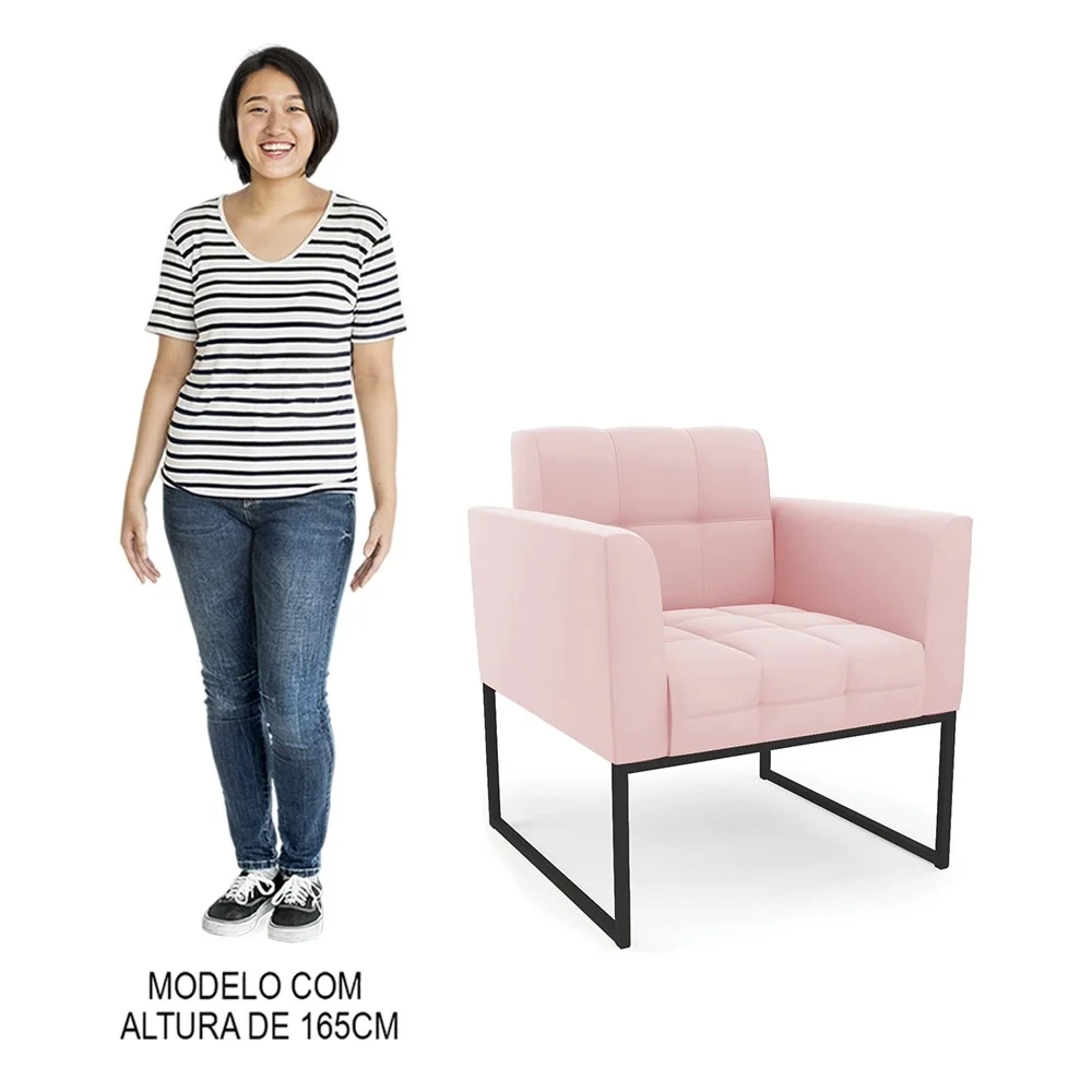 Sofá Namoradeira e 2 Poltronas Base Industrial Preto Ana Suede Rosa Bebê - Ibiza