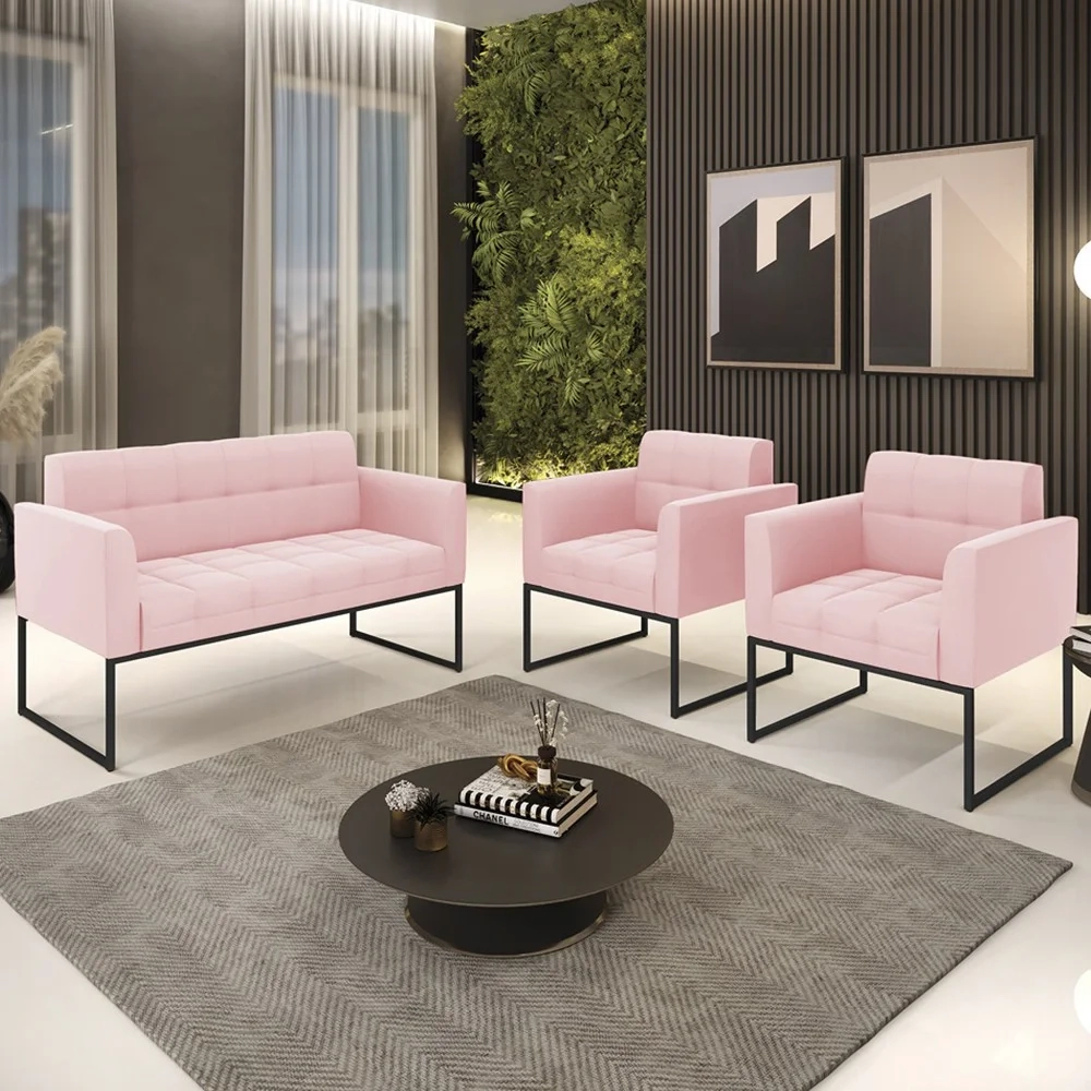 Sofá Namoradeira e 2 Poltronas Base Industrial Preto Ana Suede Rosa Bebê - Ibiza