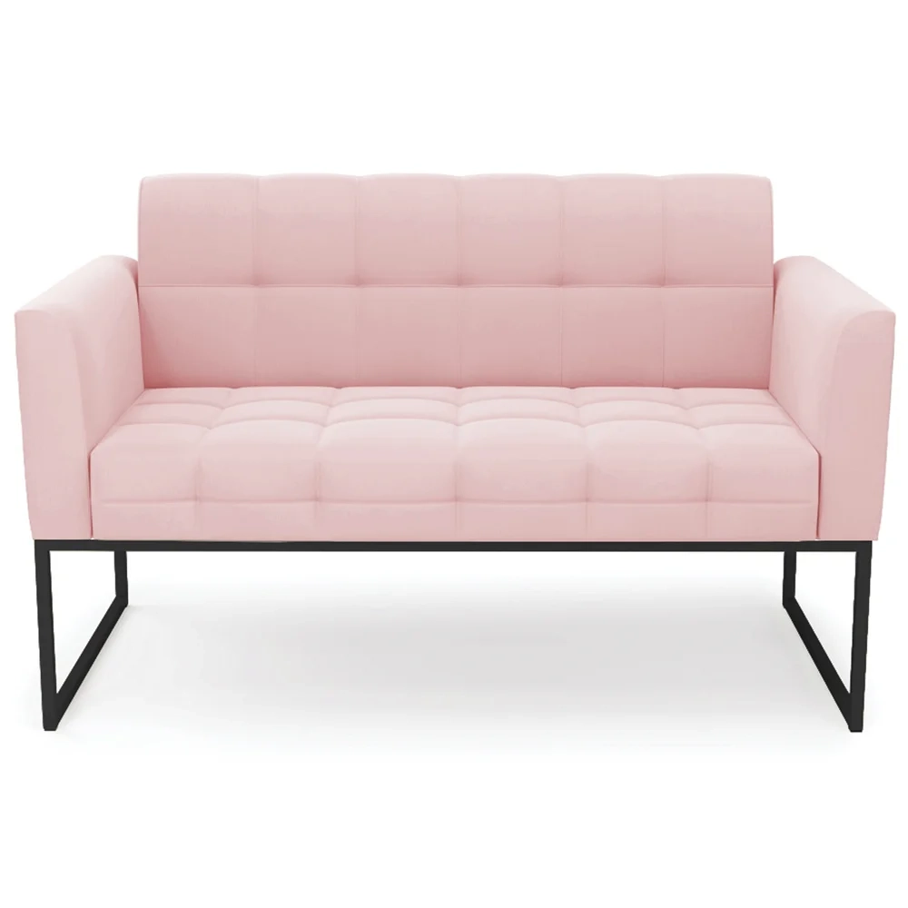 Sofá Namoradeira e 2 Poltronas Base Industrial Preto Ana Suede Rosa Bebê - Ibiza