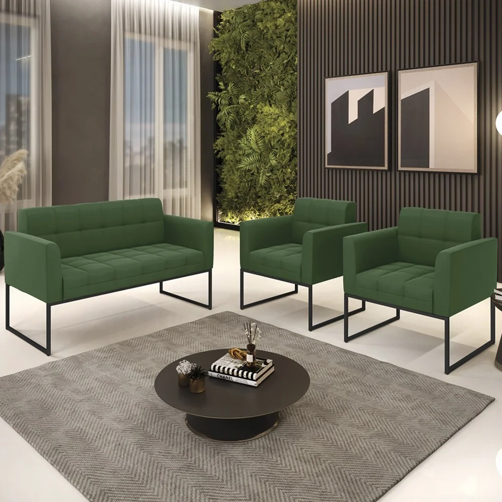 Sofá Namoradeira e 2 Poltronas Base Industrial Preto Ana Suede Verde - Ibiza