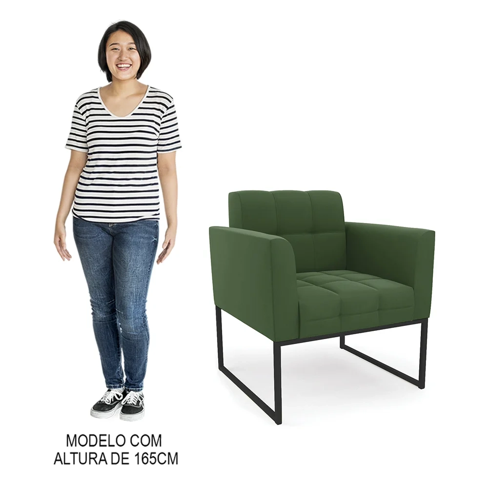 Sofá Namoradeira e 2 Poltronas Base Industrial Preto Ana Suede Verde - Ibiza