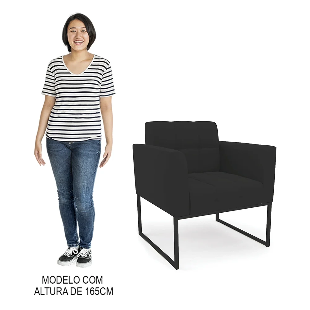 Sofá Namoradeira e 2 Poltronas Base Industrial Preto Ana Veludo Preto - Ibiza