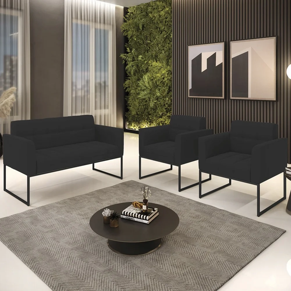 Sofá Namoradeira e 2 Poltronas Base Industrial Preto Ana Veludo Preto - Ibiza