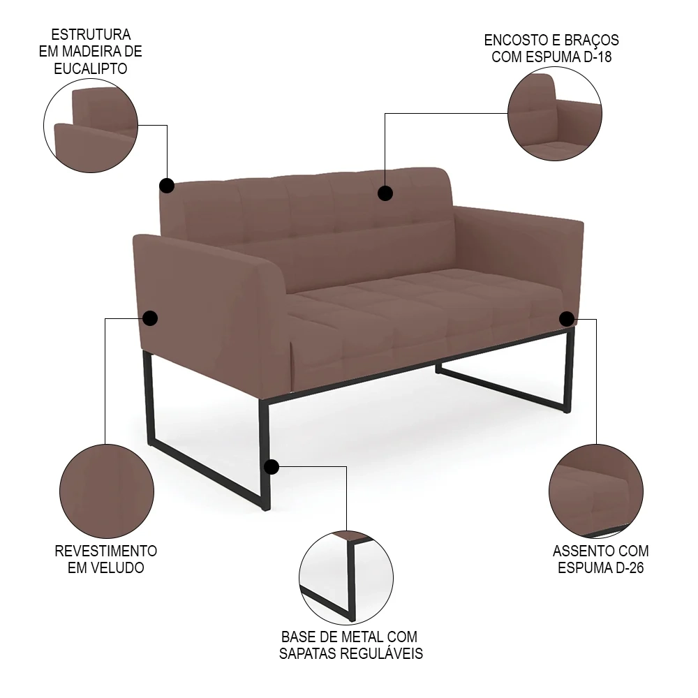 Sofá Namoradeira e 2 Poltronas Base Industrial Preto Ana Veludo Rosê - Ibiza