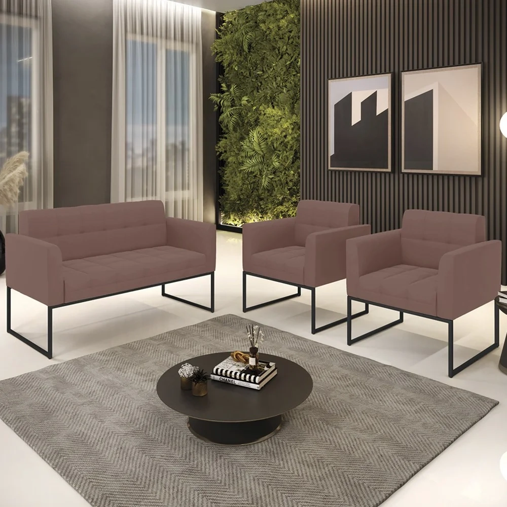 Sofá Namoradeira e 2 Poltronas Base Industrial Preto Ana Veludo Rosê - Ibiza