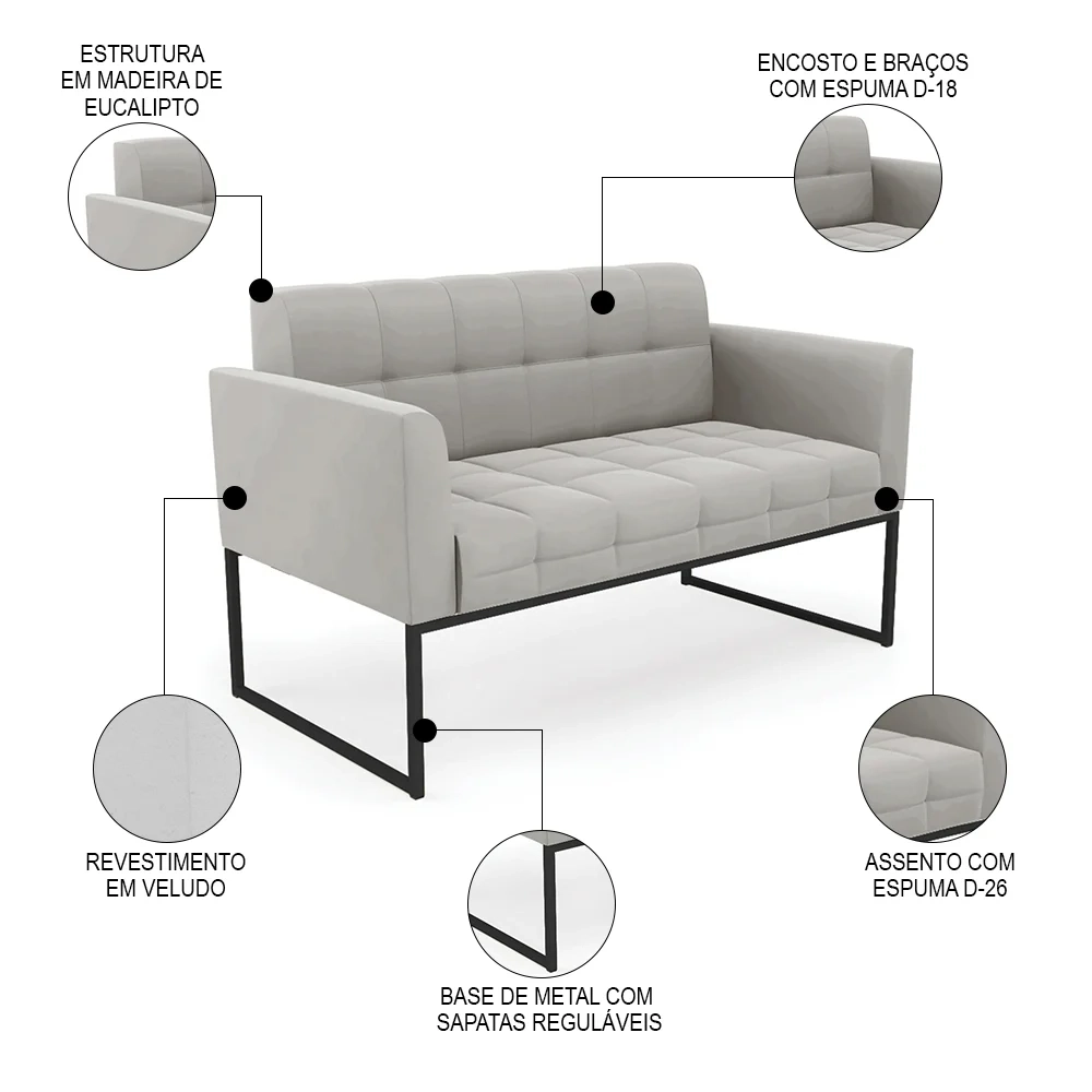 Sofá Namoradeira e 2 Poltronas Base Industrial Preto Ana Veludo Cinza - Ibiza