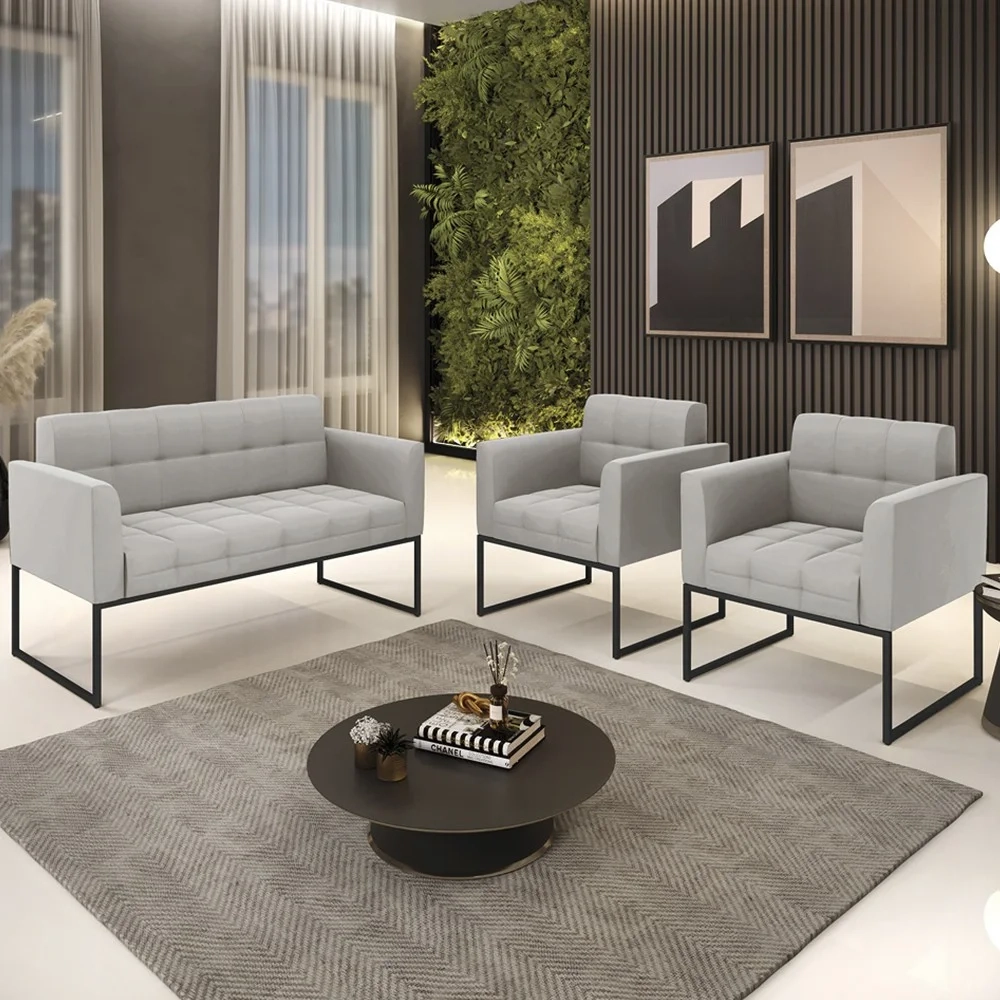 Sofá Namoradeira e 2 Poltronas Base Industrial Preto Ana Veludo Cinza - Ibiza