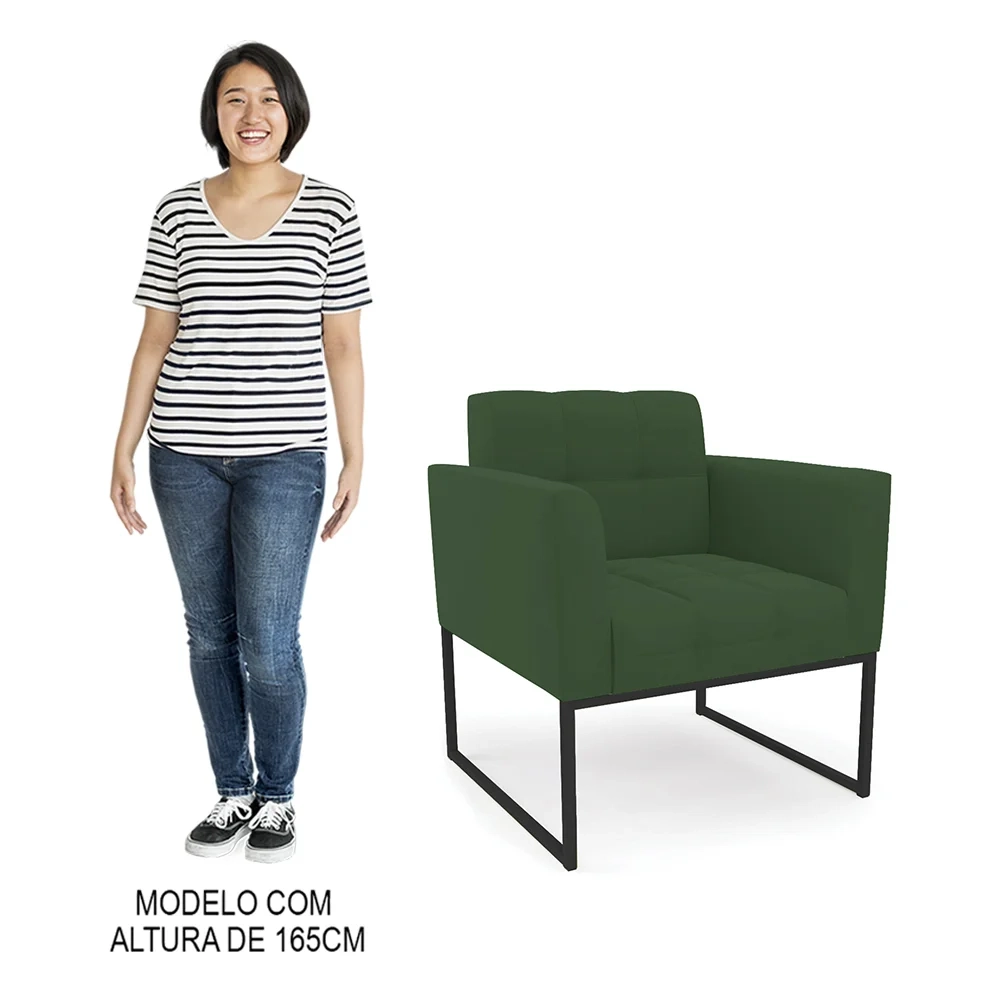 Sofá Namoradeira e 2 Poltronas Base Industrial Preto Ana Veludo Verde - Ibiza